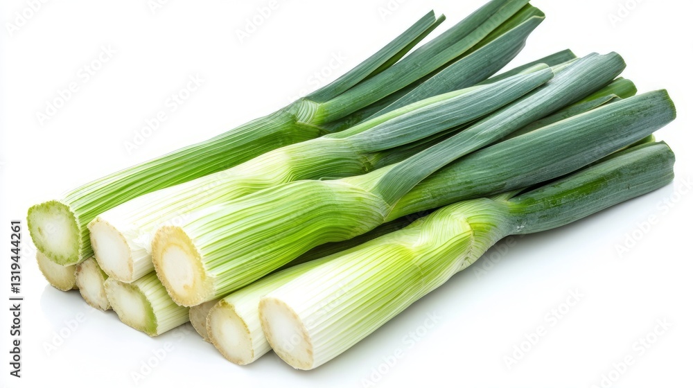 Fresh green leek slices isolated on white background, featuring crisp cut pieces of leeks showcasing vibrant color and texture, ideal for culinary designs, healthy eating concepts, organic food presen Fresh green leek slices isolated on white background, featuring crisp cut pieces of leeks showcasing vibrant color and texture, ideal for culinary designs, healthy eating concepts, organic food presen