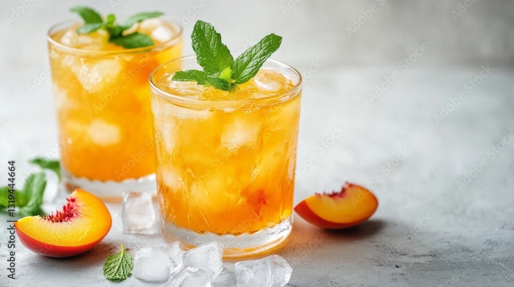 Delight in a summer celebration with chilled peach fizz cocktails, garnished with mint leaves and fresh peach slices, perfect for warm evenings on the patio Delight in a summer celebration with chilled peach fizz cocktails, garnished with mint leaves and fresh peach slices, perfect for warm evenings on the patio