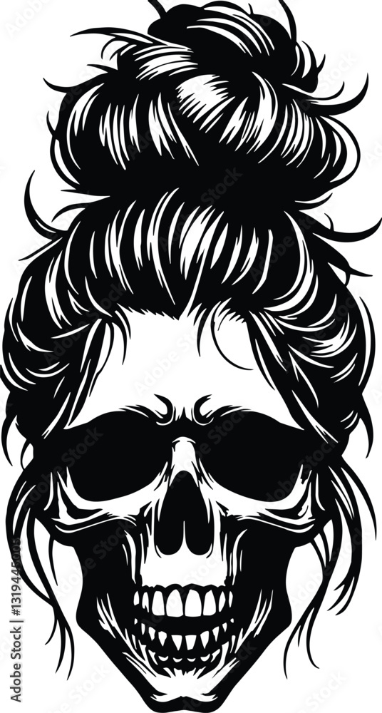 Fototapeta premium Skull Girl with Messy Bun Hairstyle, Messy bun silhouette, design, art, tattoo