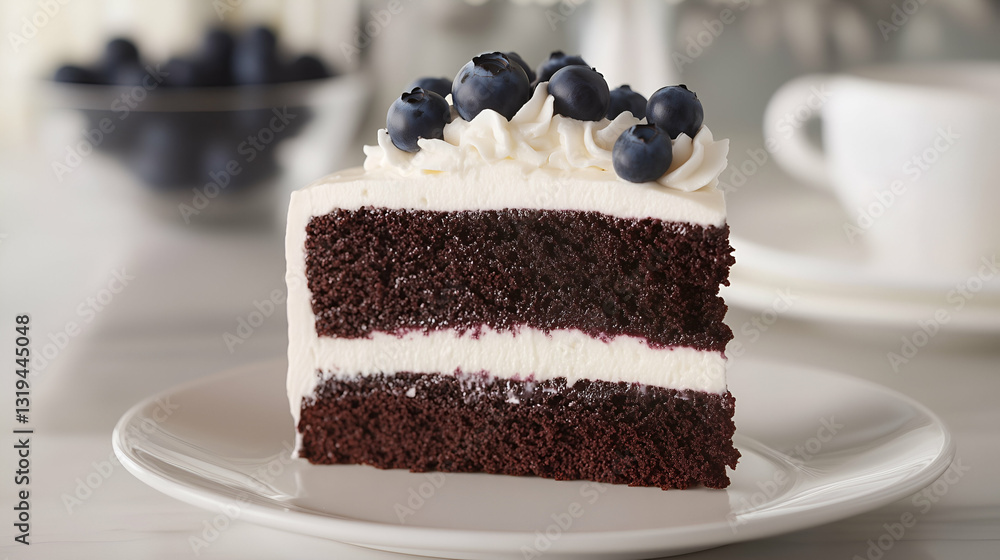 Chocolate cake with blueberries and cream