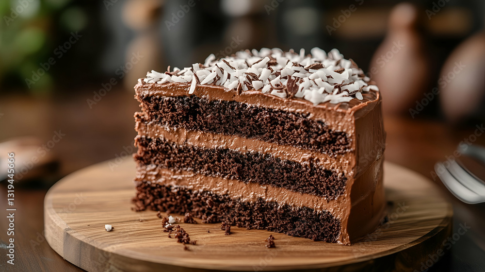 Chocolate cake with chocolate frosting and white chocolate shavings