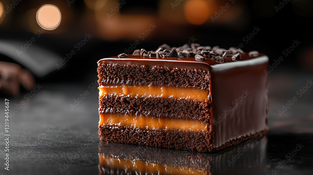 Chocolate caramel cake slice