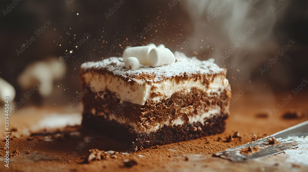 Chocolate marshmallow cake slice