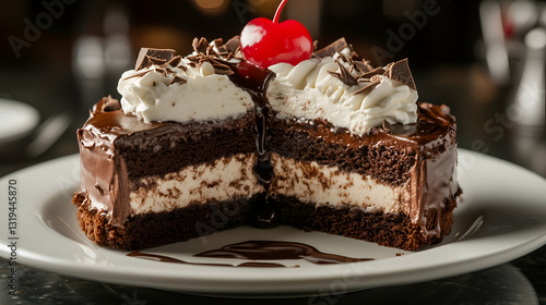 Chocolate cake with whipped cream and cherry