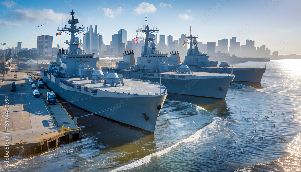 Obraz premium military ships dock along the scenic San Diego coastline, with their towering structures and flag waving in the breeze, embodying strength and security while offering stunning ocean views.