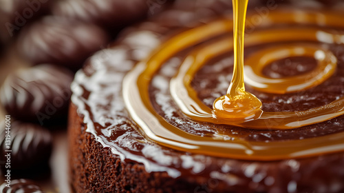 Obraz na płótnie Chocolate cake with caramel drizzle w salonie