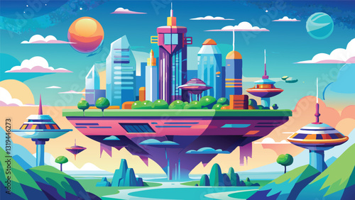 Futuristic Floating City Island Vibrant Cartoon Illustration of a Modern Sci Fi Metropolis