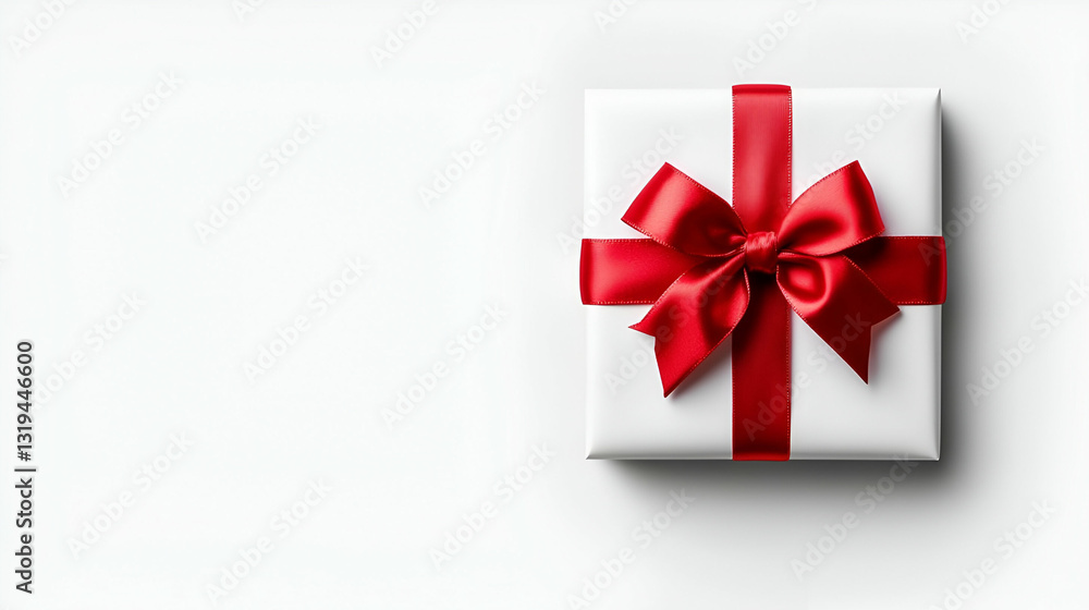 Elegant white gift box with vibrant red ribbon bow on a clean background, perfect for celebrations, holidays, birthdays, and special occasions Elegant white gift box with vibrant red ribbon bow on a clean background, perfect for celebrations, holidays, birthdays, and special occasions