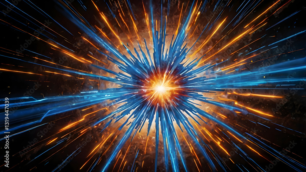 Fototapeta premium Cosmic Burst: A vibrant explosion of energy radiates outward, featuring a bright center and streaks of fiery orange and cool blue, suggesting the power and beauty of the universe.