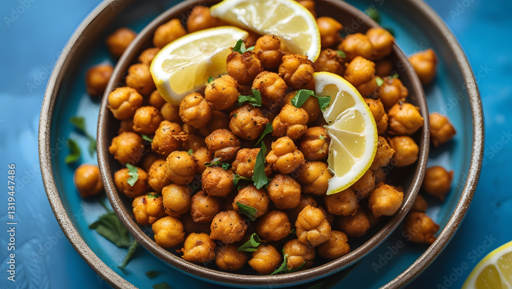 Golden Chickpeas with Lemon: A tempting bowl of crispy golden chickpeas is artfully arranged with fresh lemon wedges and herbs, promising a burst of flavor and culinary delight. Golden Chickpeas with Lemon: A tempting bowl of crispy golden chickpeas is artfully arranged with fresh lemon wedges and herbs, promising a burst of flavor and culinary delight.