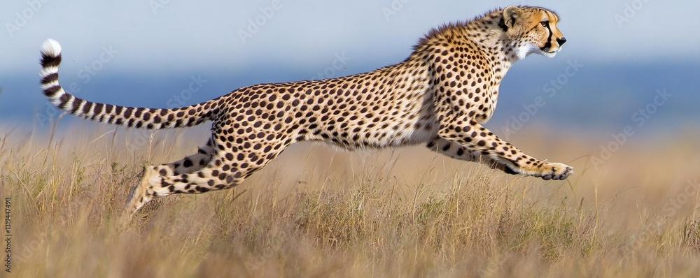Obraz premium A spotted cheetah running at speed over dry grassy terrain
