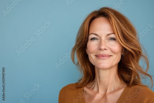 A woman with long red hair is smiling and wearing a brown shirt