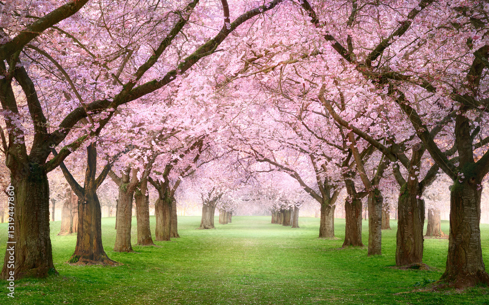 Fototapeta premium Pink cherry blossom garden with flowering trees in spring. A dreamy canopy of rows of beautiful trees.