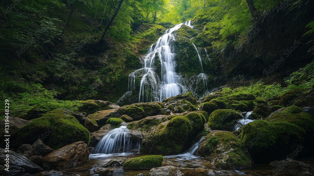 Fototapeta premium A dramatic waterfall cascading down moss-covered rocks in a hidden rainforest 