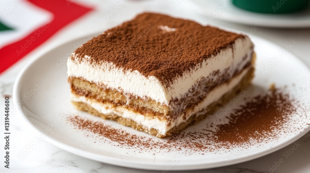Delight in the exquisite layers of traditional tiramisu, featuring rich mascarpone, coffee-soaked ladyfingers, and a luscious dusting of cocoa. Perfectly presented on a classic white plate Delight in the exquisite layers of traditional tiramisu, featuring rich mascarpone, coffee-soaked ladyfingers, and a luscious dusting of cocoa. Perfectly presented on a classic white plate