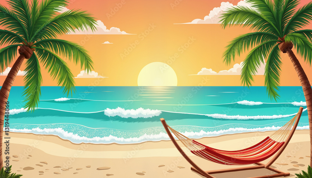 Obraz premium Relaxing hammock under sunset along beach with palm trees, vacation