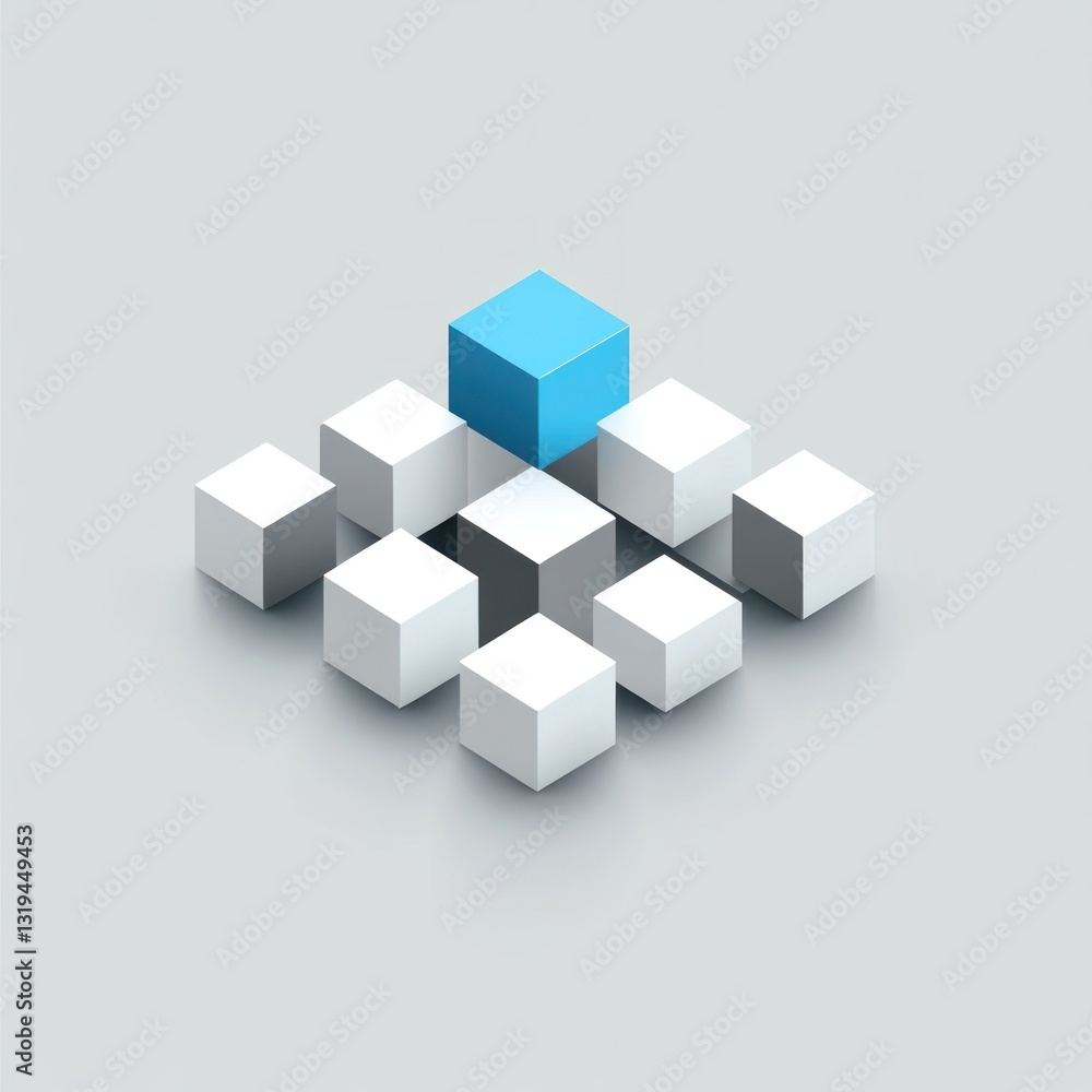 Blue cube atop white cubes; leadership, uniqueness concept. Blue cube atop white cubes; leadership, uniqueness concept.
