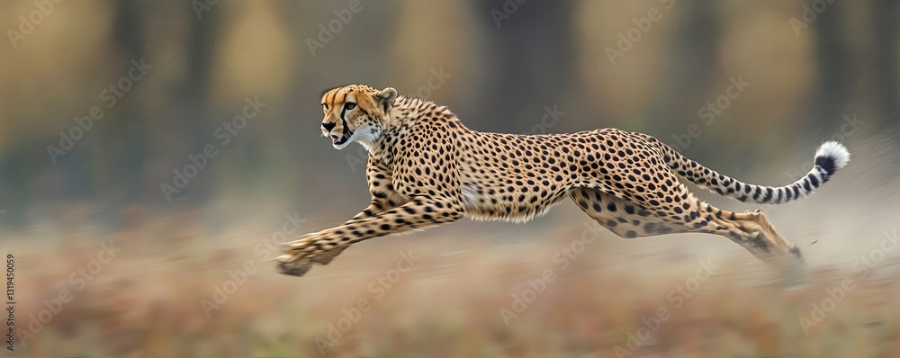 Fototapeta premium A fast cheetah with distinct spots is running through savanna grasslands