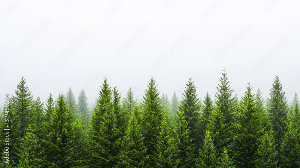 Fototapeta premium Lush green coniferous trees in misty forest landscape create serene atmosphere