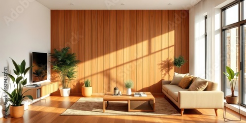 Wallpaper Mural Minimalist living space, warm wood accents, calming plants, contemporary design, furniture,  texture Torontodigital.ca
