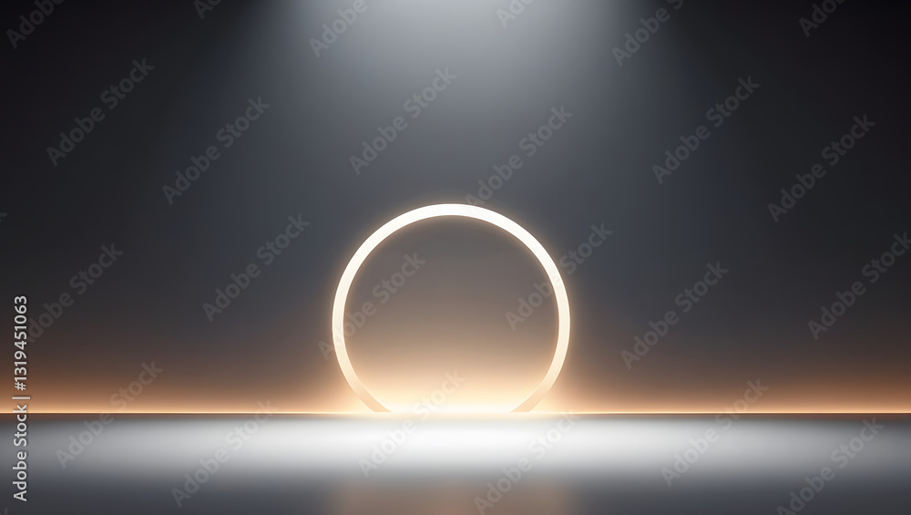 Illuminated Portal: A captivating image of a radiant, golden ring of light, standing on a reflective surface against a dark background.