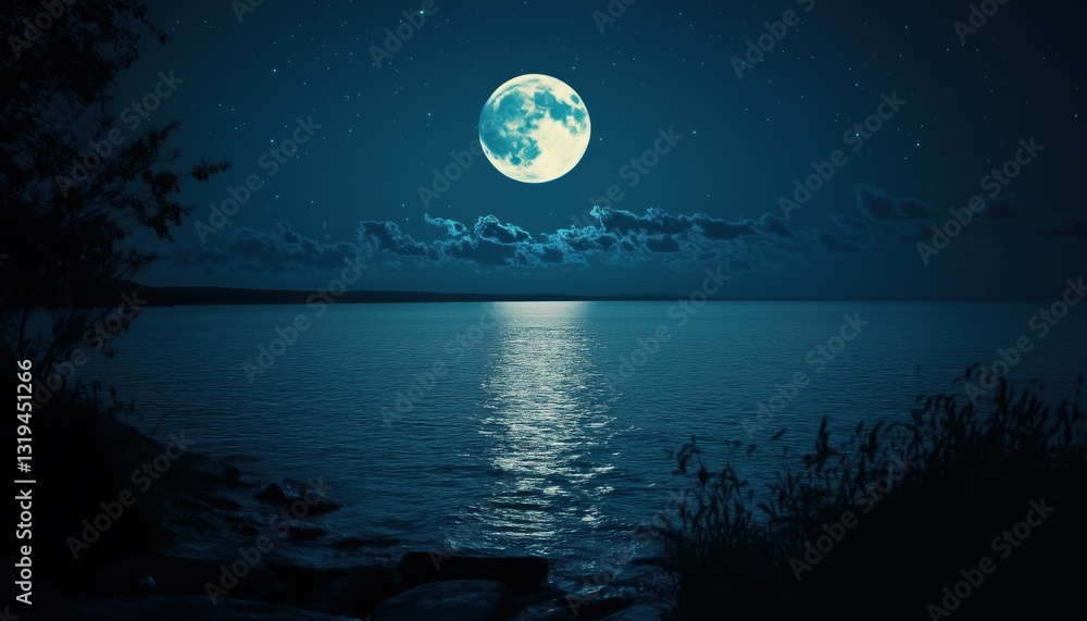 Fototapeta premium Soft, Gentle Light Illuminating The Night Sky. The Moon Shines Brightly, Casting A Tranquil Glow Over The Surroundings. A Peaceful And Serene Atmosphere.
