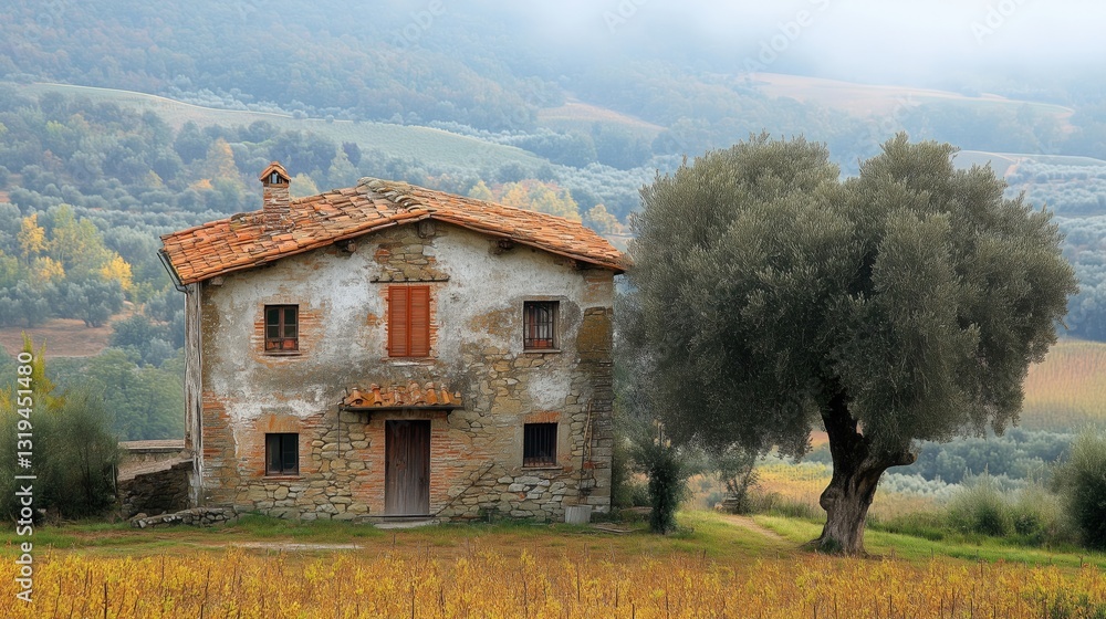 custom made wallpaper toronto digitalOld stone house with a terracotta roof stands in the tuscan countryside near a large olive tree, surrounded by vineyards. Ai generated