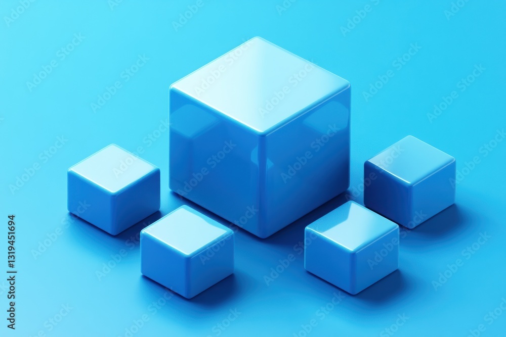 Blue cubes arranged in a hierarchical structure on a blue background. Blue cubes arranged in a hierarchical structure on a blue background.