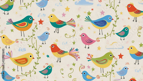 An adorable, child-friendly seamless bird print, featuring hand-drawn elements that add warmth and charm to fabric, apparel, wallpaper, and gift packaging.