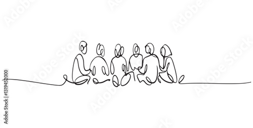 Minimalist One-Line Art of People Sitting Together, Continuous Line Drawing, one line art  Group vector, family coloring page. 