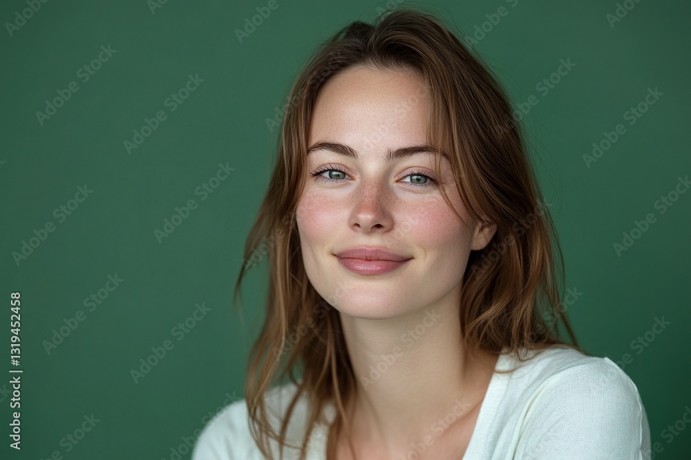 A woman with long brown hair and a white shirt is smiling at the camera A woman with long brown hair and a white shirt is smiling at the camera