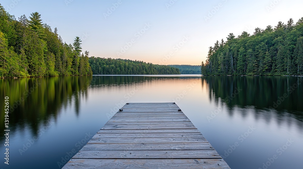 Tranquil dock perspective overlooking a serene lake at sunrise nature landscape photography Tranquil dock perspective overlooking a serene lake at sunrise nature landscape photography