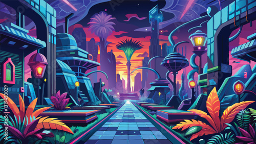 Vibrant Neon Cityscape at Sunset Futuristic Tropical Pathway Digital Art Illustration