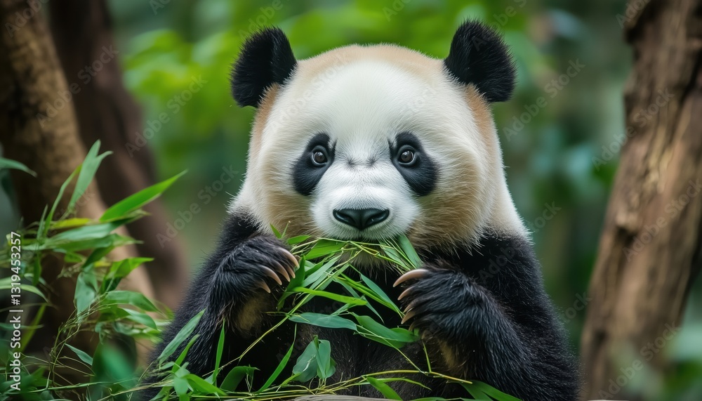 Obraz premium Rare And Endangered Black And White Bear Eating Bamboo Shoots: The Panda'S Diet And Conservation Efforts To Help Them Thrive.