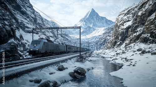 Train journey through snowy mountain pass scenic landscape winter adventure tranquil environment