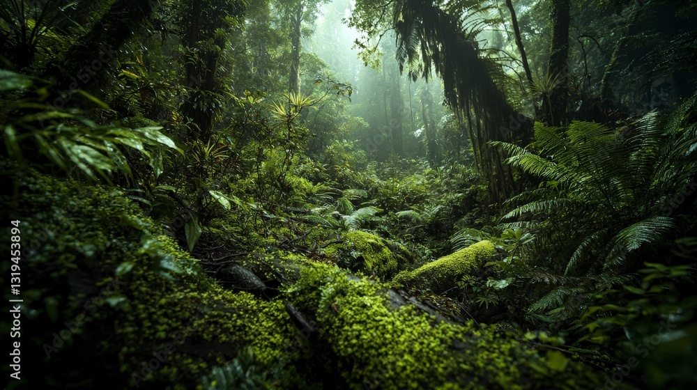 Fototapeta premium Exploring a lush tropical rainforest dense vegetation nature photography soft sunlight ground level biodiversity