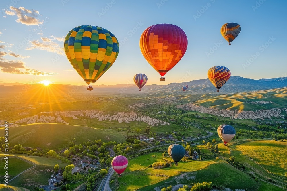 Naklejka premium Colorful Hot Air Balloons in a Bright Sunrise Over Scenic Landscape