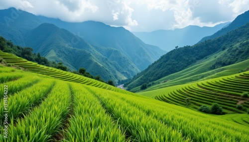 Lush Green Rice Terraces Amidst Mountains Under Cloudy Sky