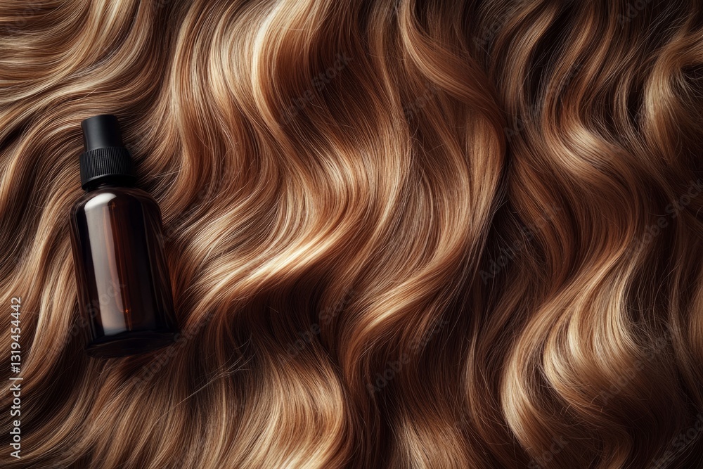 Fototapeta premium Glass dropper bottle with essential oil lying on beautiful wavy brown hair for hair care concept