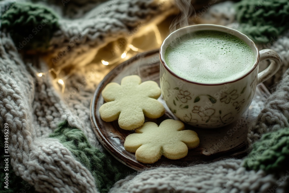 Cozy green tea latte with biscuits on knit blanket Cozy green tea latte with biscuits on knit blanket