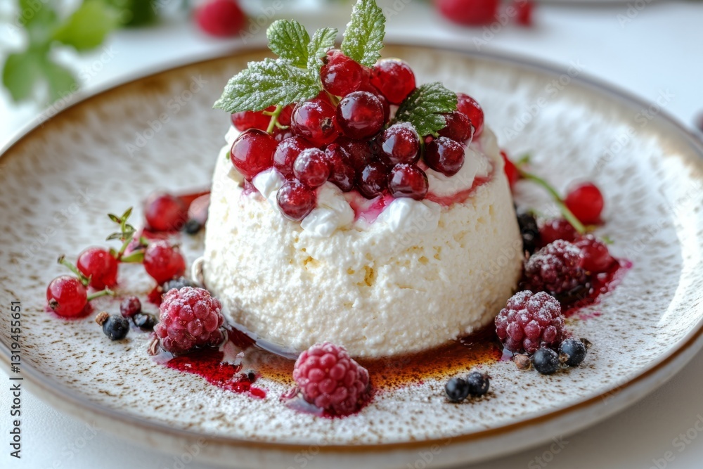 Creamy dessert is garnished with fresh red currants, mint leaves, raspberries, and icing sugar Creamy dessert is garnished with fresh red currants, mint leaves, raspberries, and icing sugar
