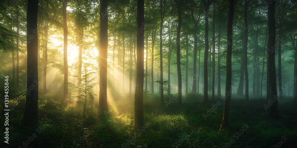 Tranquil Misty Forest with Soft Morning Sunlight for Nature Photography, Relaxation, or Wallpaper Design Tranquil Misty Forest with Soft Morning Sunlight for Nature Photography, Relaxation, or Wallpaper Design