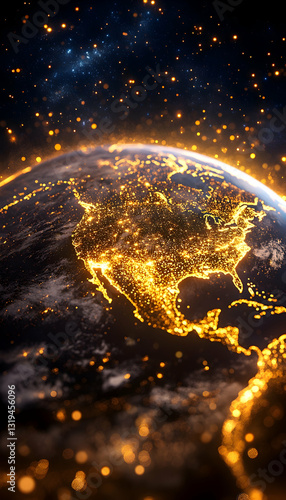 Glowing city lights illuminate the North American continent at night seen from space against a backdrop of stars