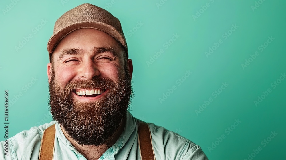 Joyful bearded foreman enjoys beer break in studio setting with gigapixel detail Joyful bearded foreman enjoys beer break in studio setting with gigapixel detail