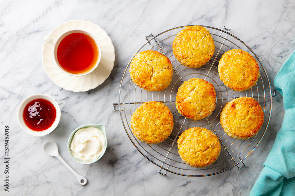 Scones, tea cakes with jam, clotted cream with tea. Marble background. Close up. Top view. Scones, tea cakes with jam, clotted cream with tea. Marble background. Close up. Top view.
