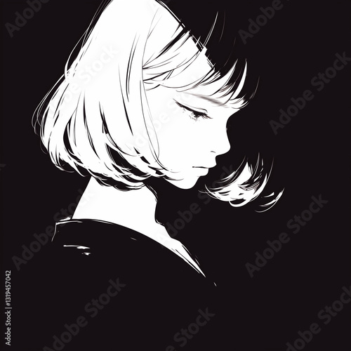 girl with short hair, black & white