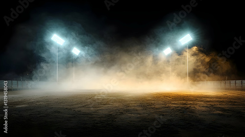 Nighttime Atmosphere With Bright Spotlights Illuminating Foggy Ground And Dark Background Dramatic Empty Arena Under Spotlights