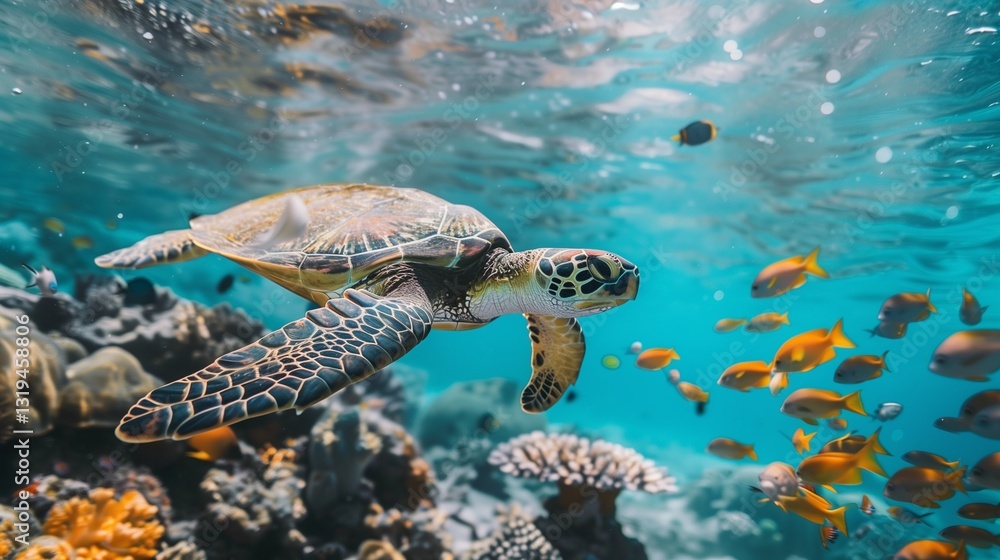 Fototapeta premium A sea turtle swimming alongside a school of fish, vibrant waves crashing above