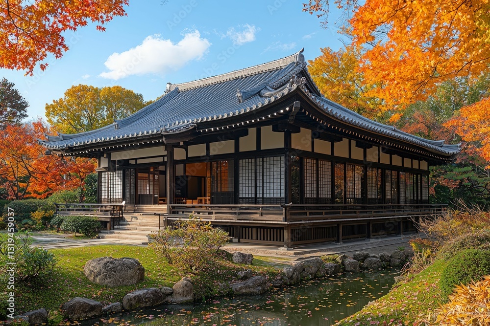 Serene autumn temple nestled in vibrant foliage Serene autumn temple nestled in vibrant foliage