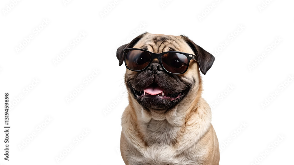 Obraz premium Pug wearing sunglasses isolated on transparent background enjoying a sunny day